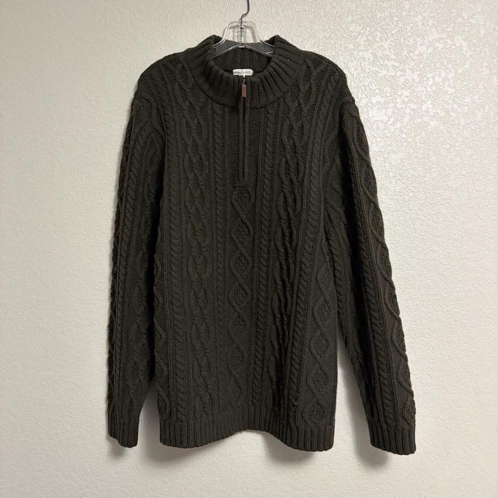 Garnet Hill Sweater Mens XL Merino Wool  1/4 Zip Mock Cable Knit Fisherman Olive